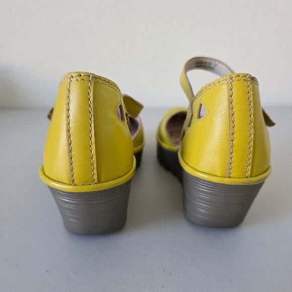Fly London Yellow Leather Mary Jane Wedge Shoes Women Size 41 Comfort Cutout - Picture 8 of 15